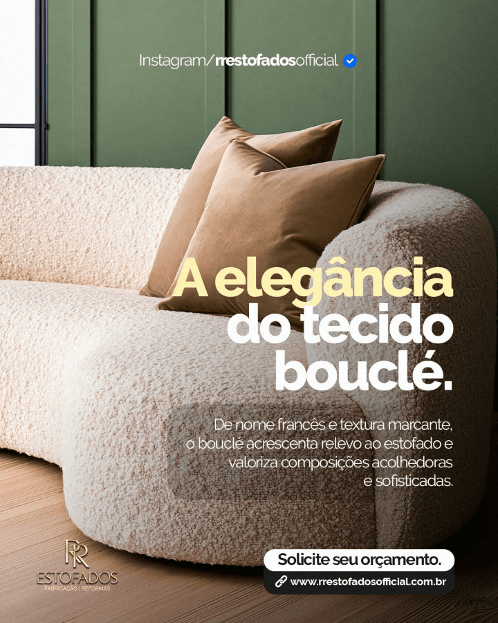 Sofá de formas arredondadas em bouclé claro, publicado pela RR Estofados