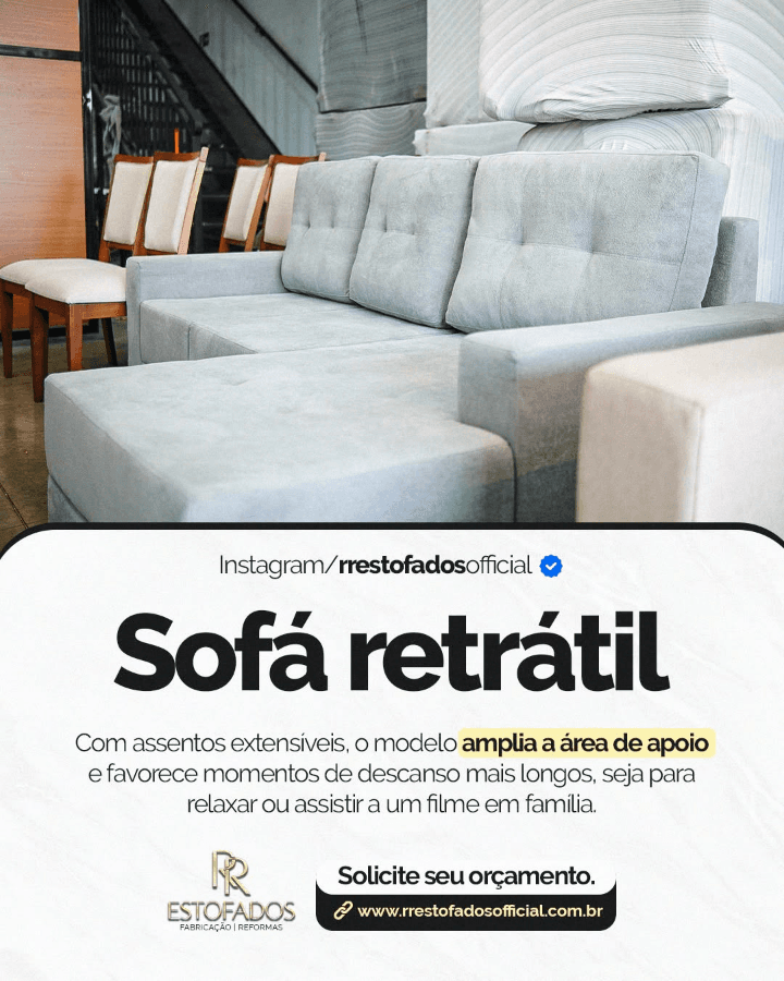 Sofá retrátil cinza publicado pela RR Estofados, com assento estendido
